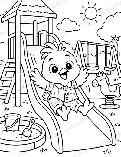 Sunny whooshing down a slide at the playground, swings and a spring horse behind him.