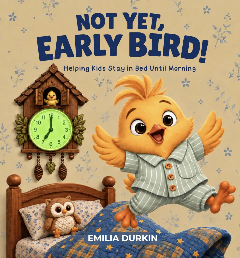 Cover of Not Yet, Early Bird! — Sunny the chick in green striped pajamas leaping off his bed beside Tick-Tock, glowing green at seven o’clock.