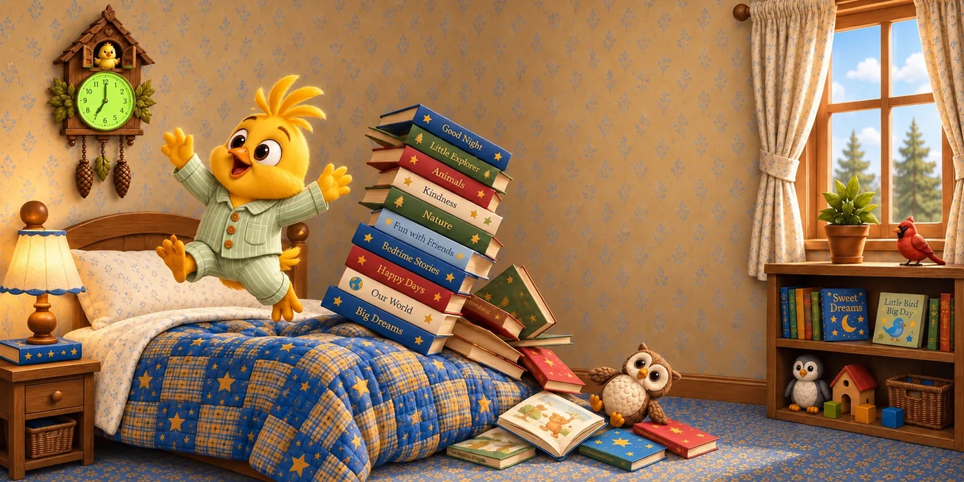 Sunny bouncing on his bed beside a tumbling tower of books as Tick-Tock glows green.