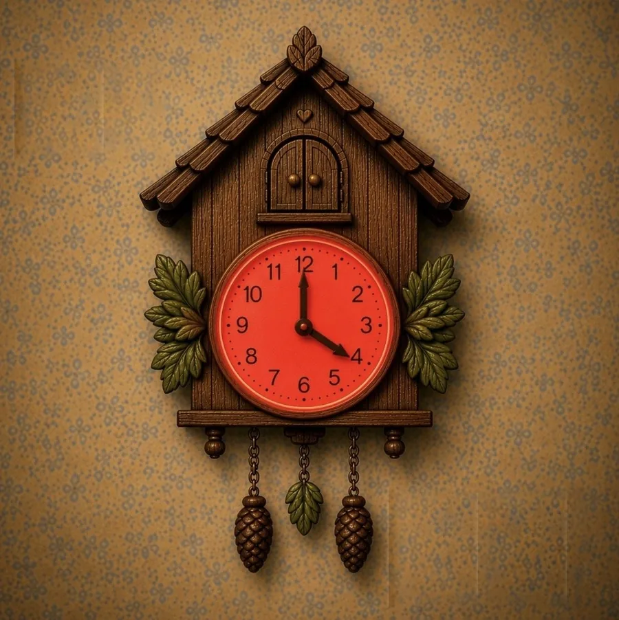 Tick-Tock the cuckoo clock glowing red in the dark.